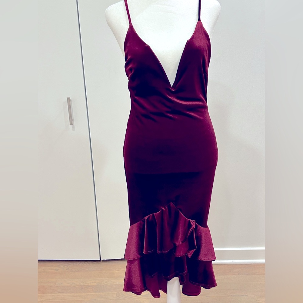 AKIRA Red Asymmetrical Ruffled Velvet  Dress